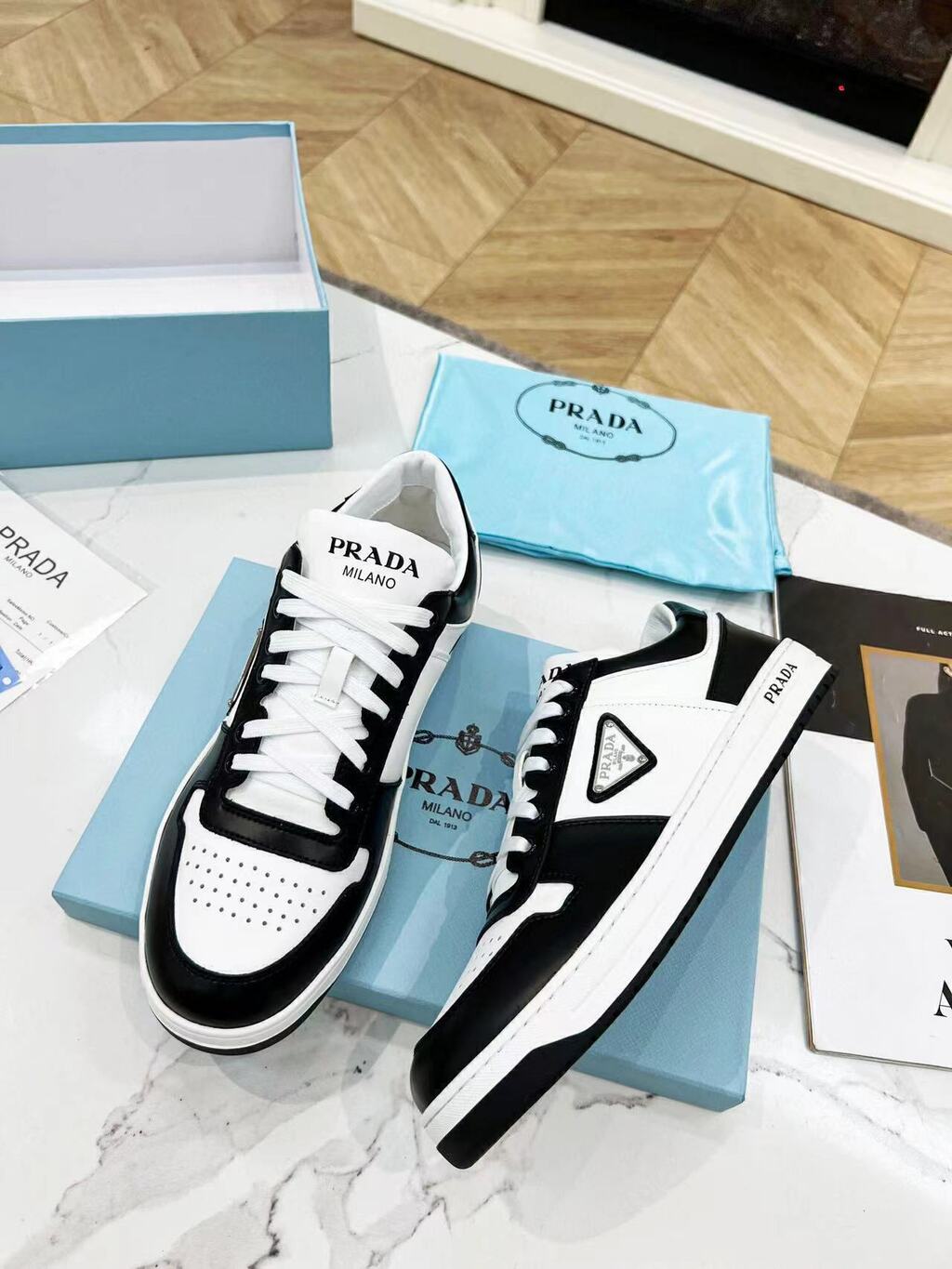 Prada Downtown Low Top Sneakers Leather White Black