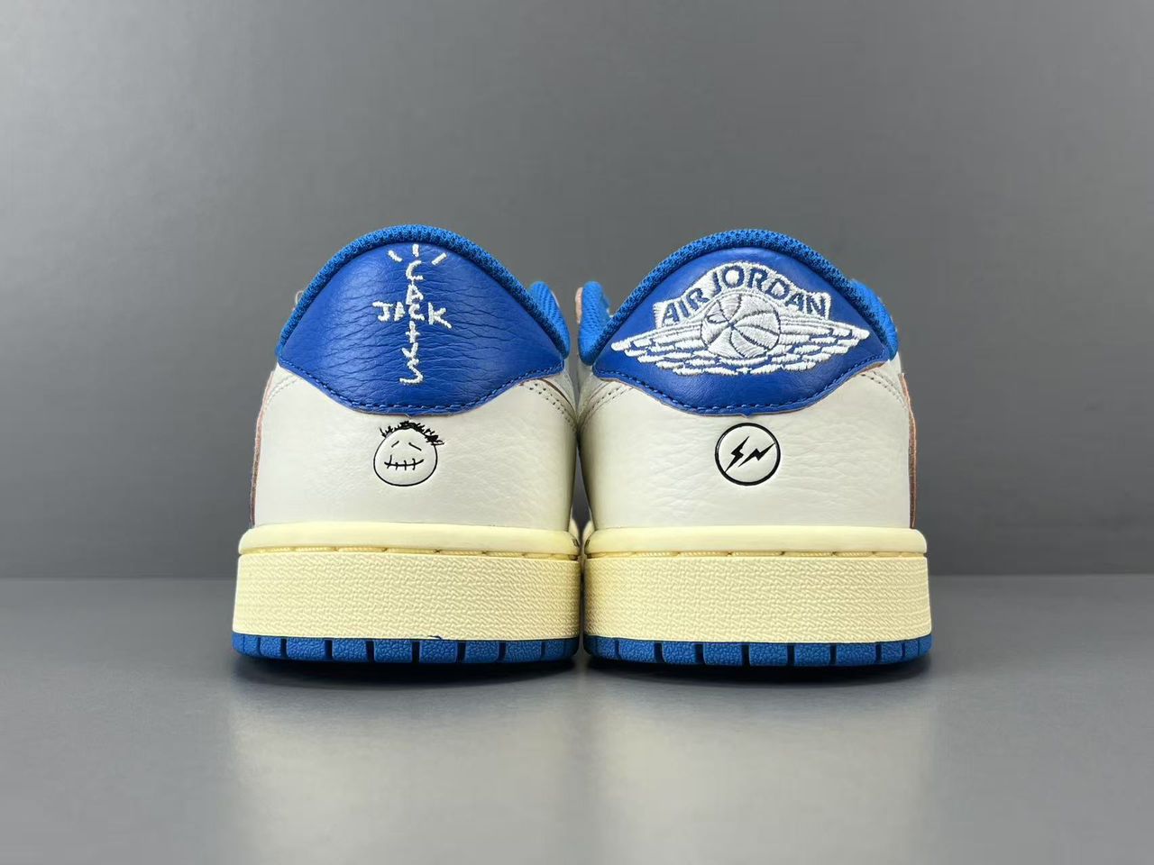 Fragment x Travis Scott x Air Jordan 1 Low OG SP Sail Military Blue.